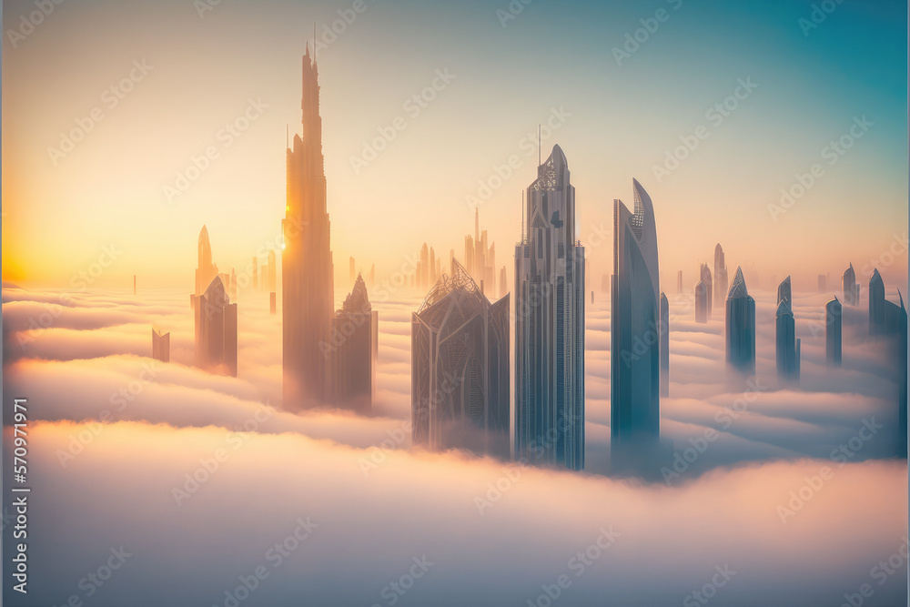 Top of skyscrapers building high above the clouds in the morning sunrise . Futuristic architecture o