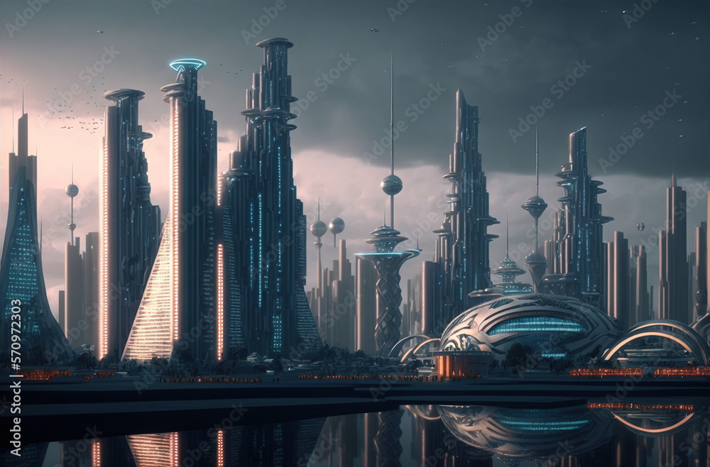 Skyline of futuristic city with fictional architecture in panoramic view . Megalopolis landscape wit