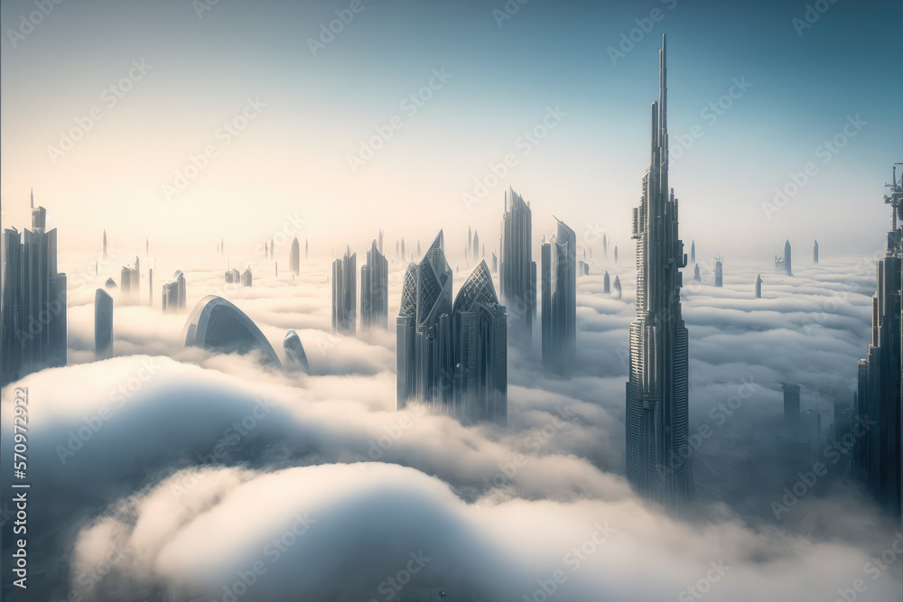 Top of skyscrapers building high above the clouds in the morning sunrise . Futuristic architecture o