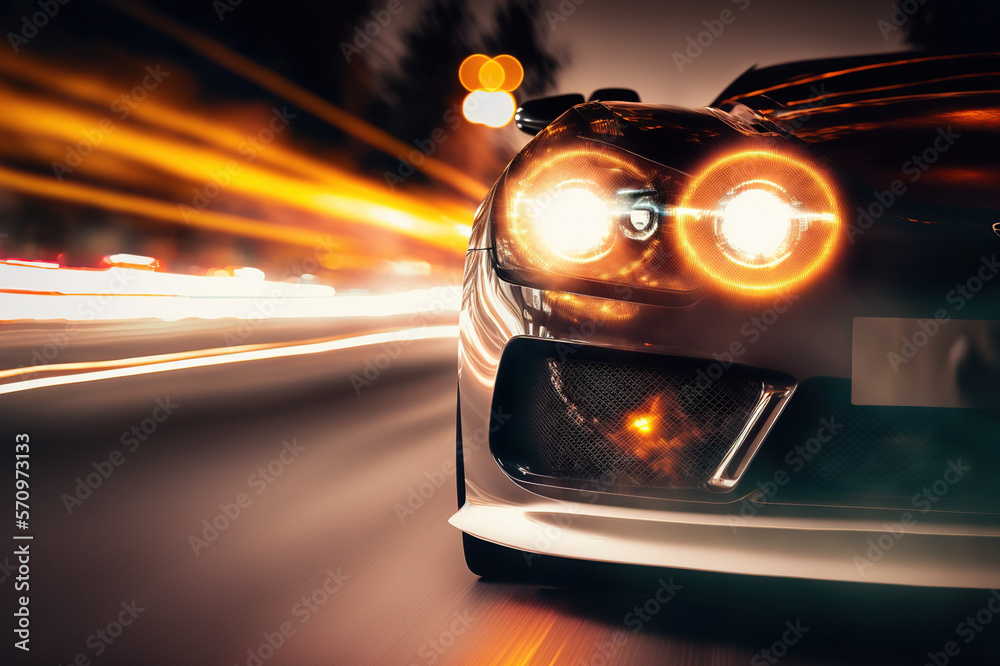 Close up car headlight running on city road . Sublime Generative AI image .