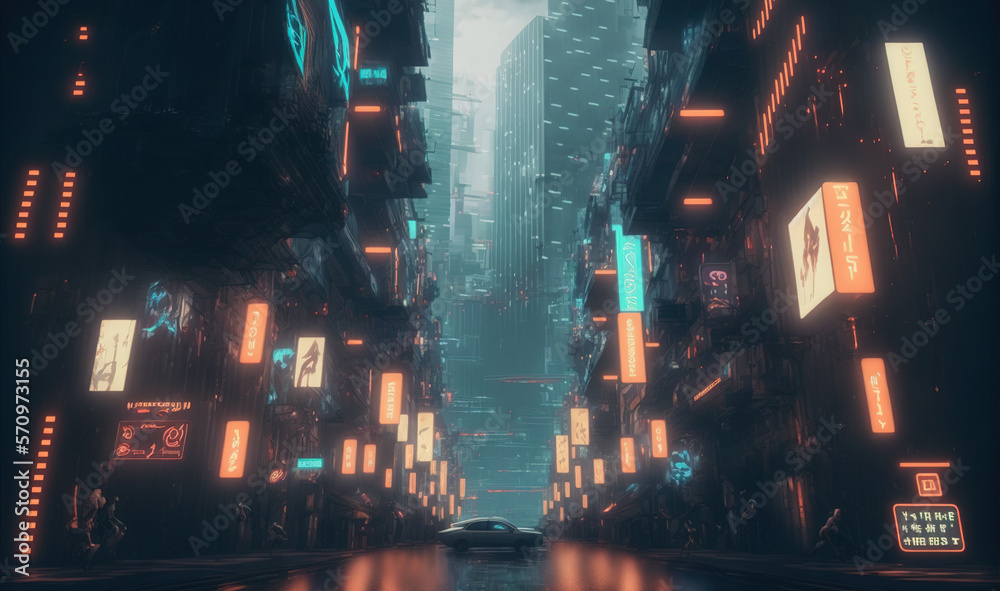 Futuristic city scene with neon light illuminated the dark fictional city street . Sublime Generativ