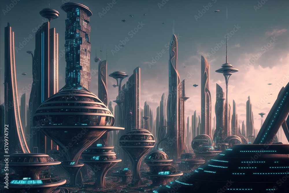 Skyline of futuristic city with fictional architecture in panoramic view . Megalopolis landscape wit