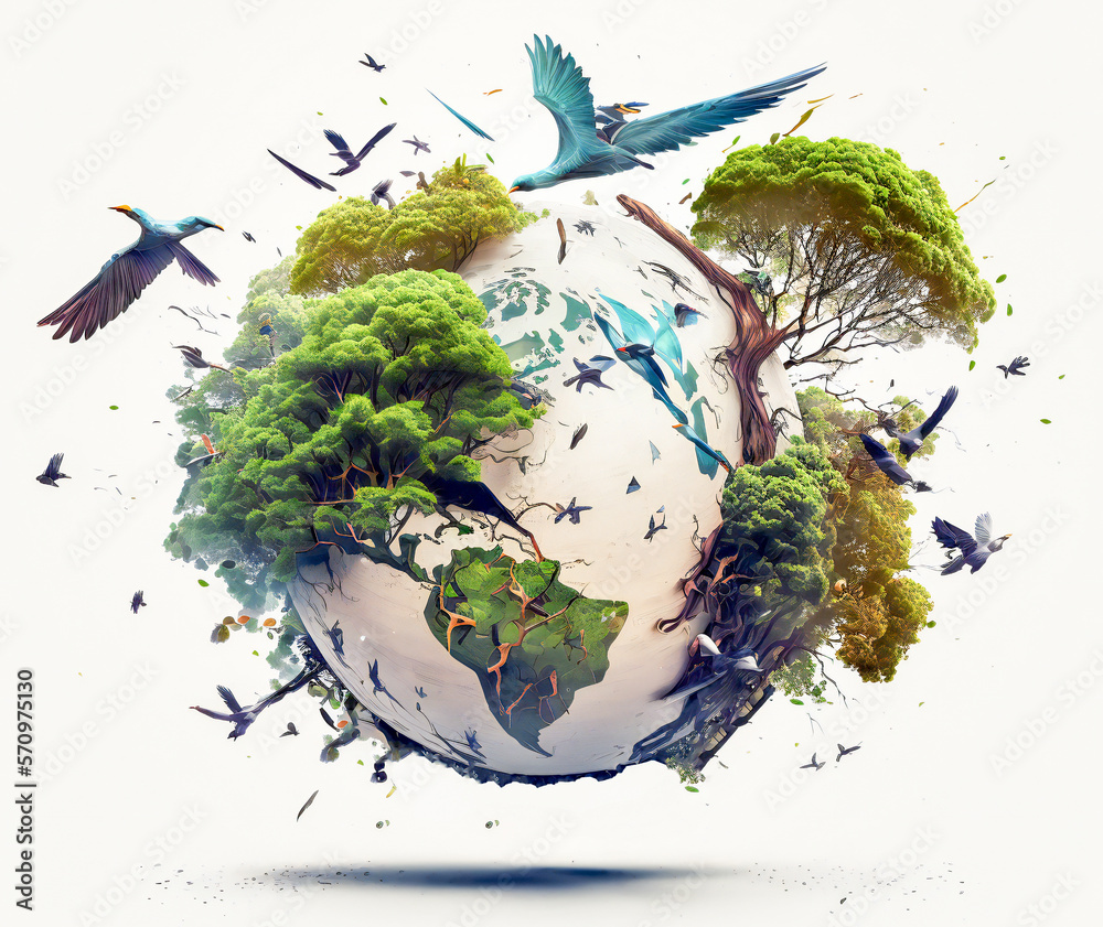 Earth planet with green trees growing on it and birds flying around. Concept of green nature recover