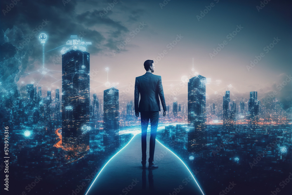 Businessman walking on virtual reality platform to futuristic smart city of opportunity with interne