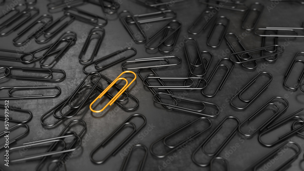 Leader, unique, think differently concept. Orange paper clip and group of black paper clips. 3d rend