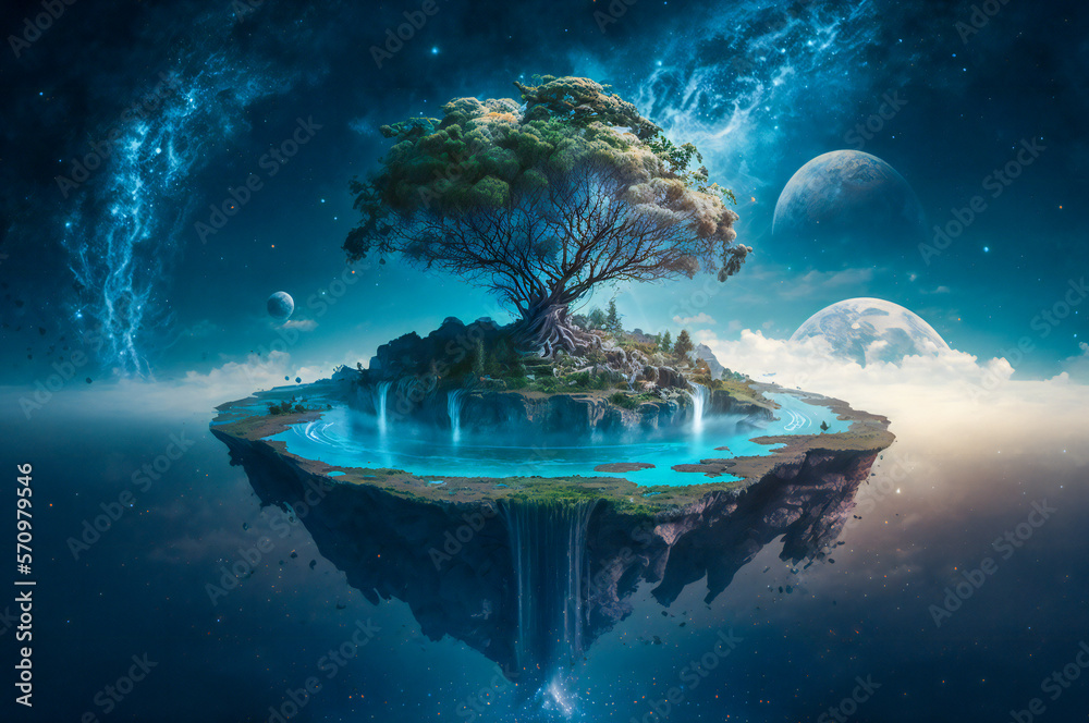 Dream fantasy magical giant tree on a floating island with water flowing from it and big moons behin