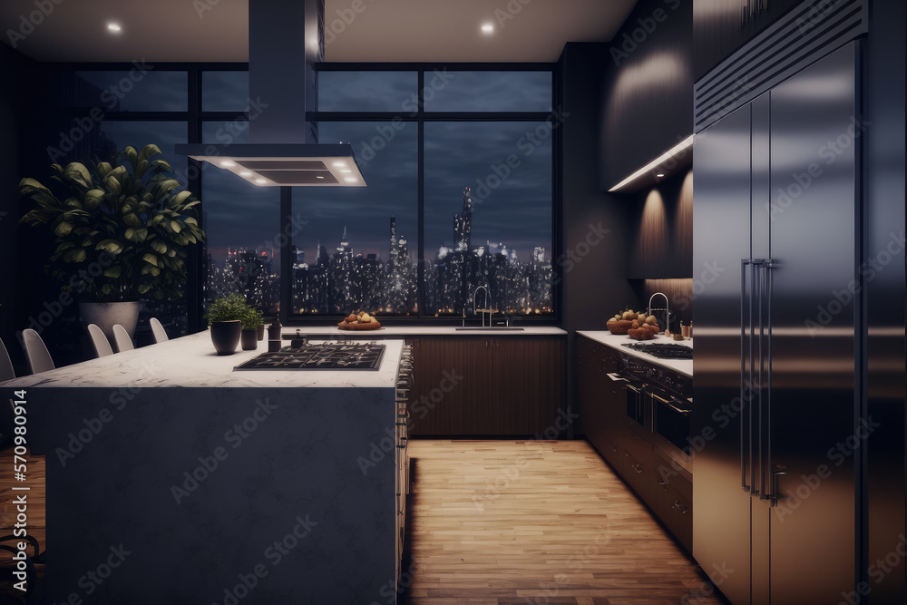 Luxury apartment kitchen at night . Luxury interior decoration design. Peculiar AI generative image.