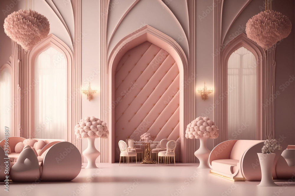 Modern living room interior design decorated in luxurious all pink color monochrome. Peculiar AI gen