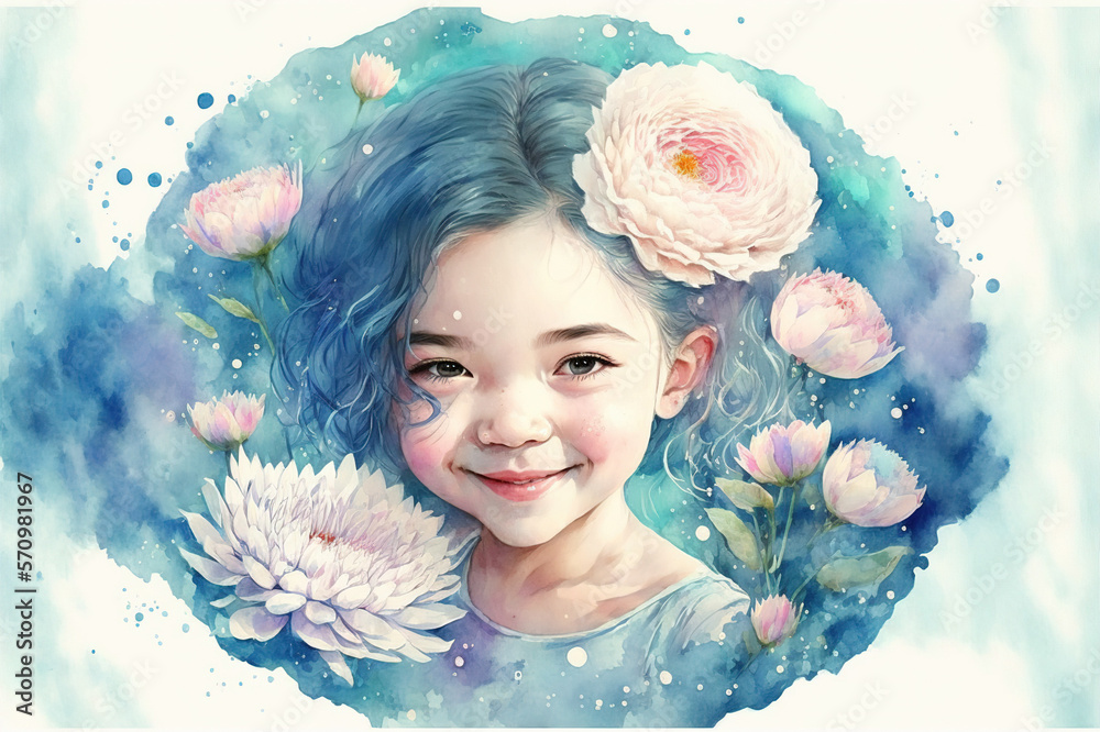 Watercolor art style image of little cut girl in pastel pink and blue colors . Sublime Generative AI