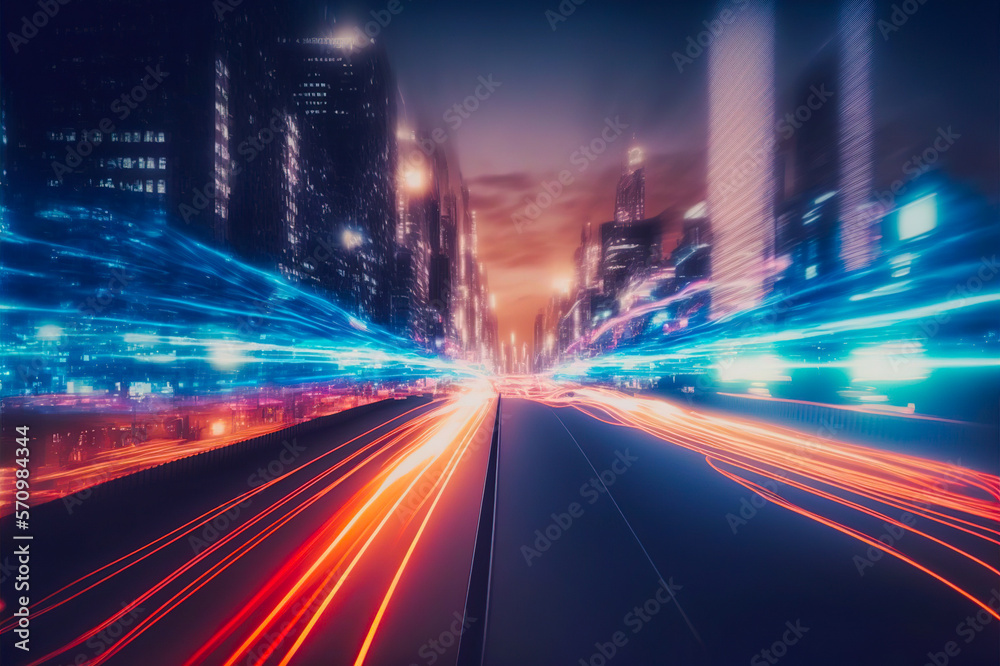 Smart digital city with high speed light trail of cars of digital data transfer . Sublime Generative