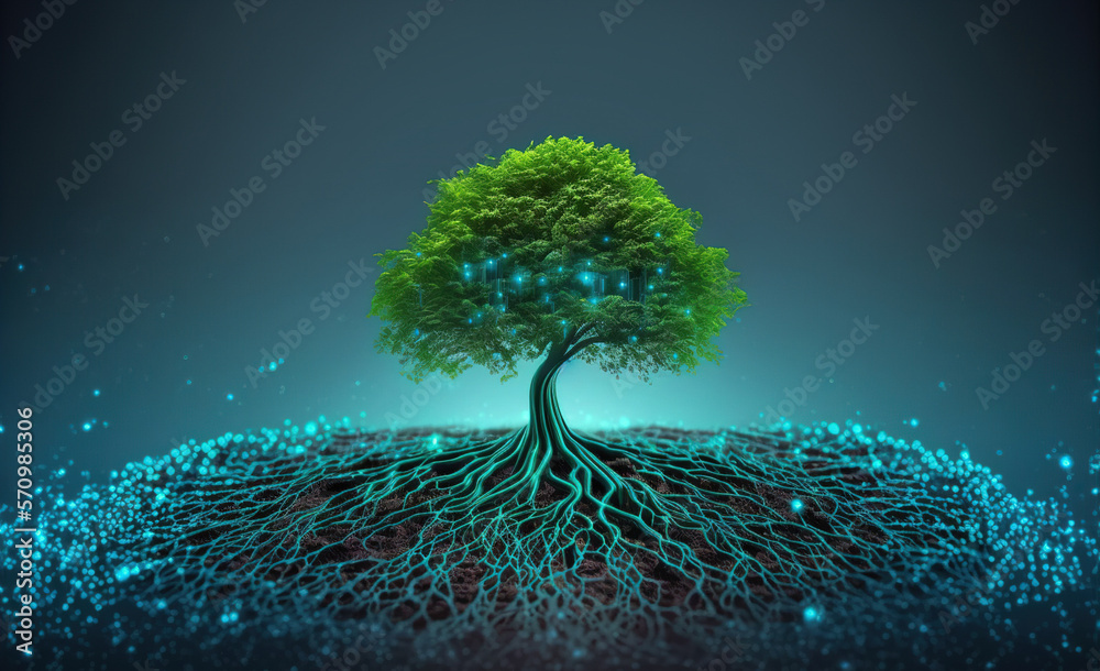 A beautiful large tree growing on the micro chip computer circuit board showing concept of digital b