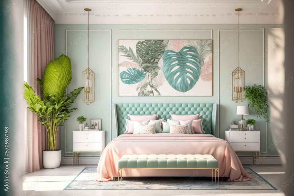 Pastel color elegant bedroom interior design. Peculiar AI generative image.