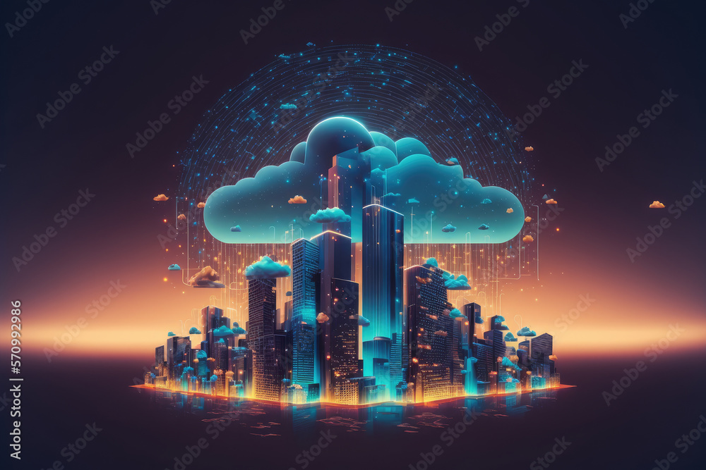 Futuristic smart city internet network connection through wireless system. Peculiar AI generative im