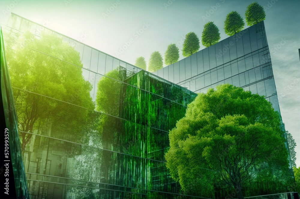 Environmental friendly and sustainable office building in the modern city . Sublime Generative AI im