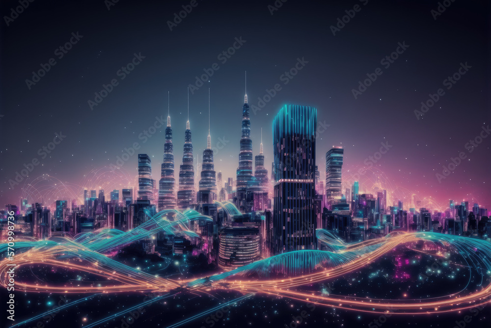 Smart city with communication network graphic connecting the city with wireless internet technology.