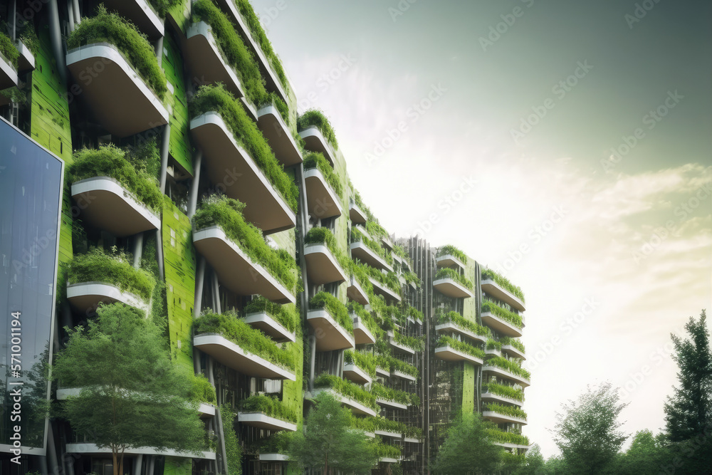 Eco friendly green building with vertical garden in modern city for sustainable clean environment. P