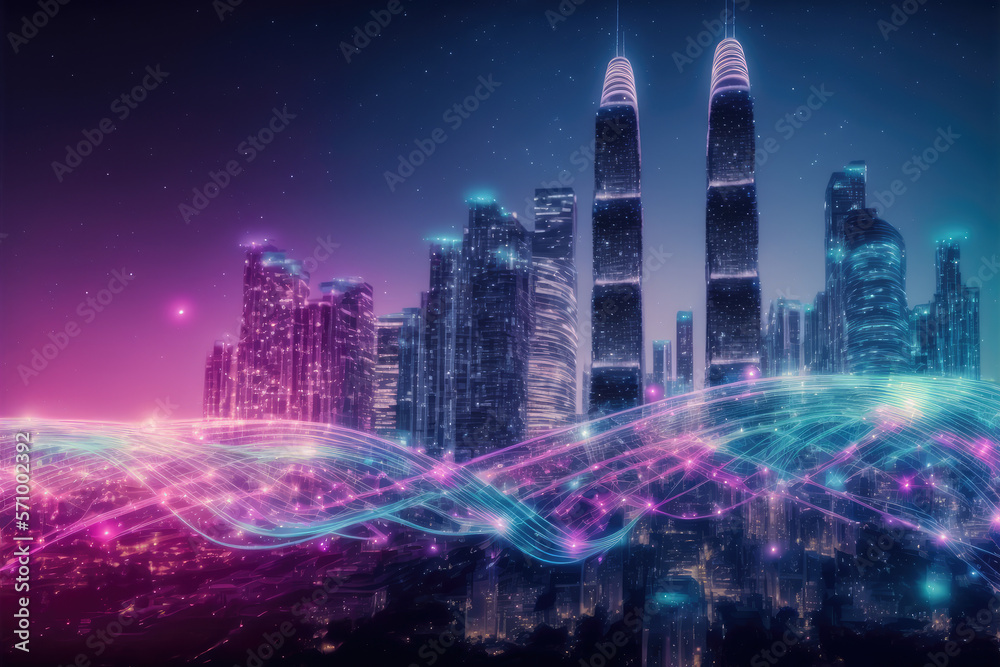 Smart city with communication network graphic connecting the city with wireless internet technology.