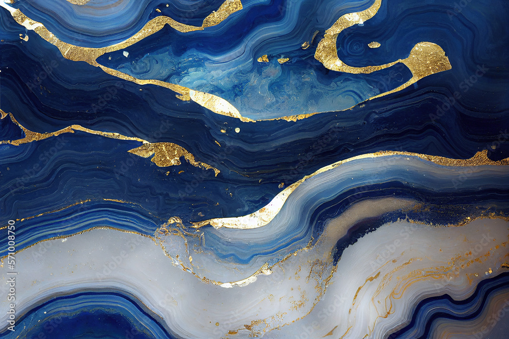 Abstract art background with a fluid marble blue and gold texture. Splendid generative AI luxury abs