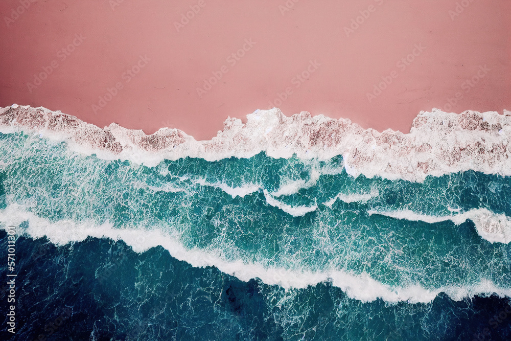 Spectacular top view from drone photo of beautiful pink beach with relaxing sunlight, sea water wave