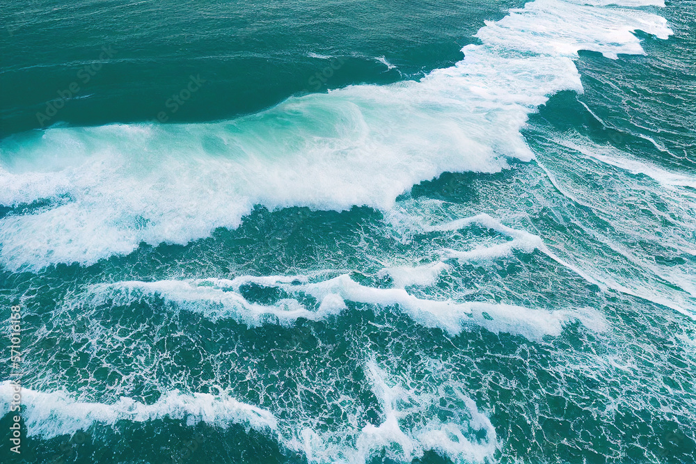 Spectacular aerial top view background photo of ocean sea water white wave splashing in the deep sea