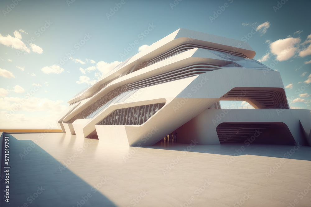 Futuristic architecture of modern hall entrance facade with empty concrete corridor under bright blu