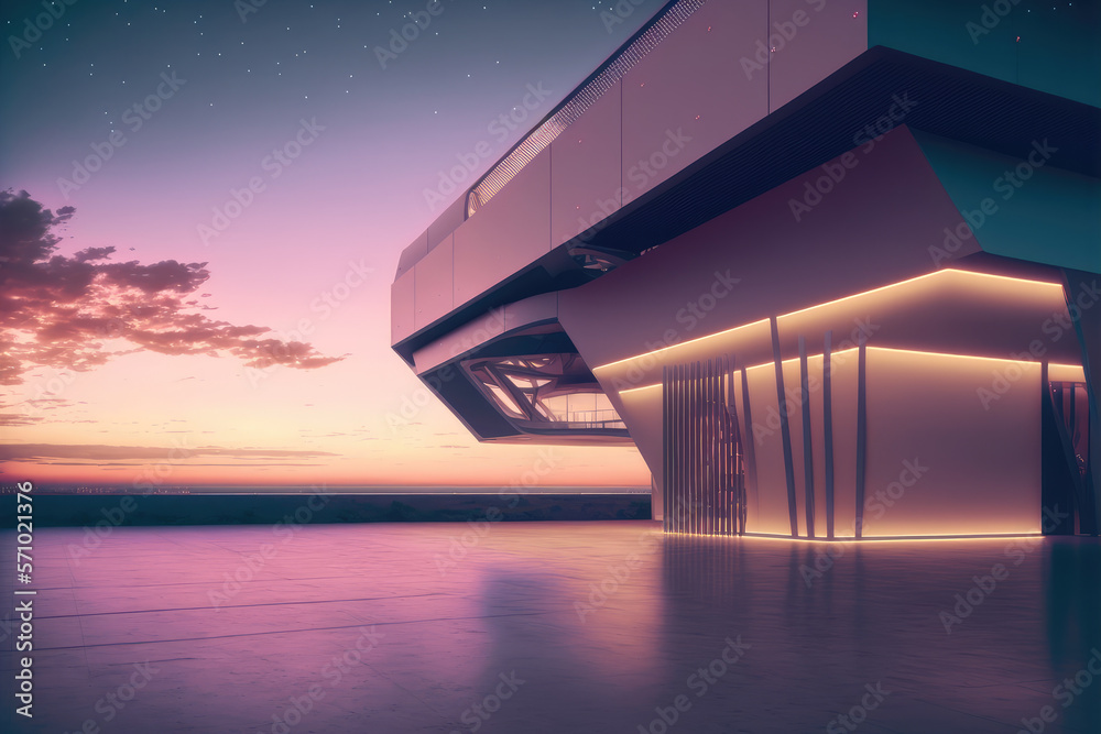 Sunset view of empty balcony floor on corridor of modern building exterior. Peculiar AI generative i