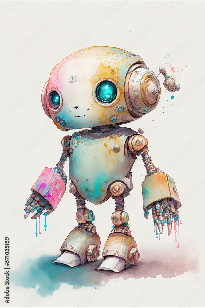 Baby robot in watercolors drawing style. Generative Ai