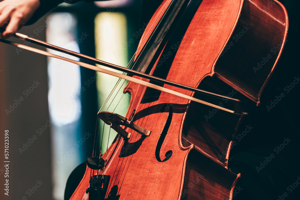 Indoor concert background abstract people playing music instruments in symphony orchestra cello perf