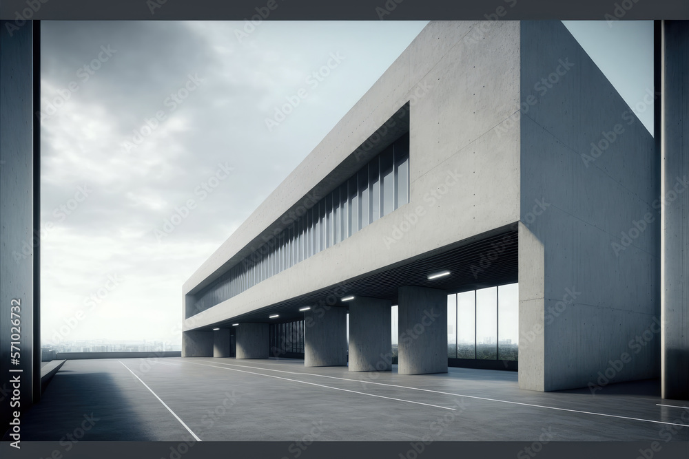 Modern architecture exterior of public hall entrance in urban building outdoor under bright sky with