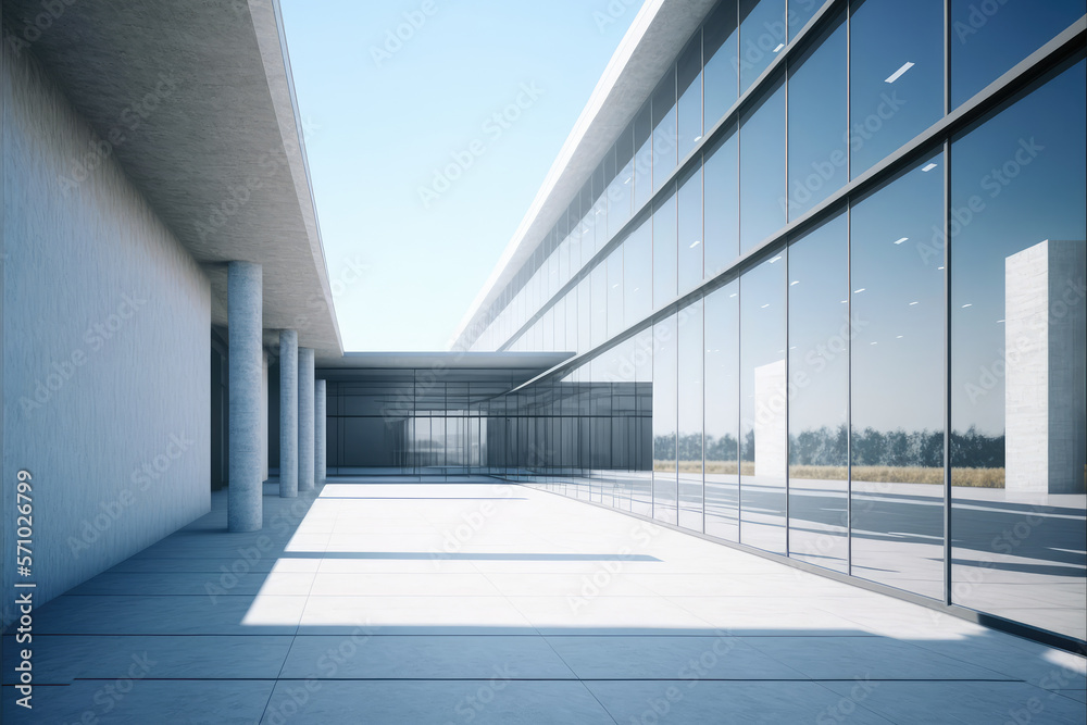 Modern architecture exterior of public hall entrance in urban building outdoor under bright sky with