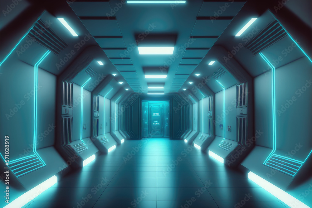 Empty sci-fi futuristic room of spaceship with blue light decoration . Super modern interior design.