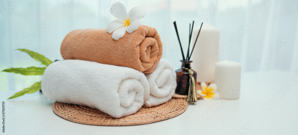 Spa accessory composition set in day spa hotel , beauty wellness center . Spa product are placed in 