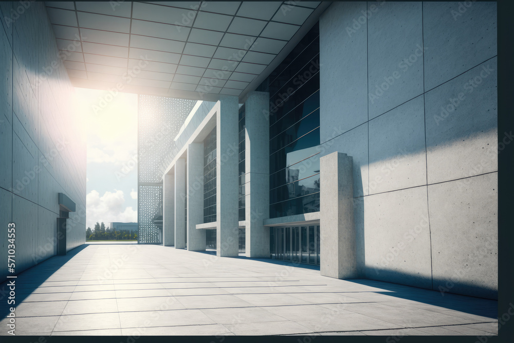 Modern architecture exterior of public hall entrance in urban building outdoor under bright sky with