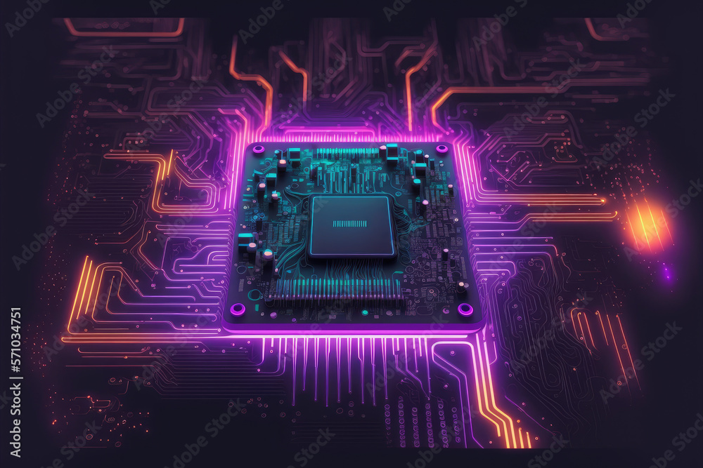 Computer microchip semiconductor on motherboard futuristic cyber neon lighting. Peculiar AI generati