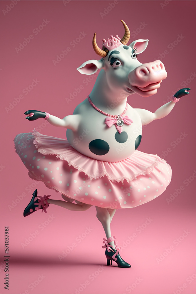 Humanized cow, adorable and cute white cow wearing pink dress doing ballet dance. Generative Ai