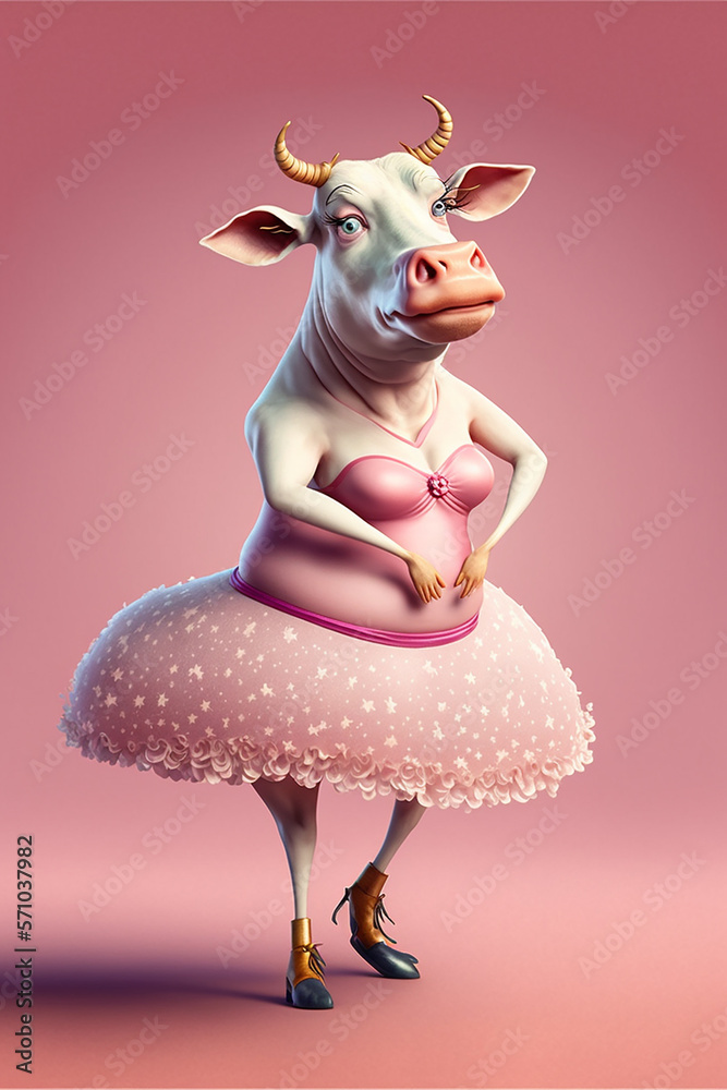 Humanized cow, adorable and cute white cow wearing pink dress doing ballet dance. Generative Ai