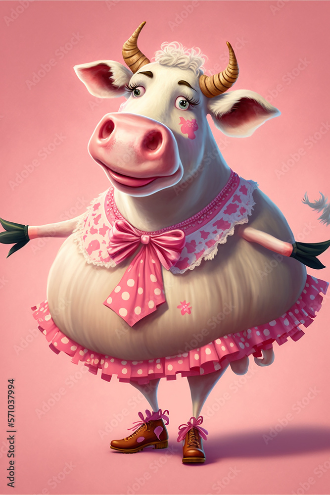 Humanized cow, adorable and cute white cow wearing pink dress doing ballet dance. Generative Ai