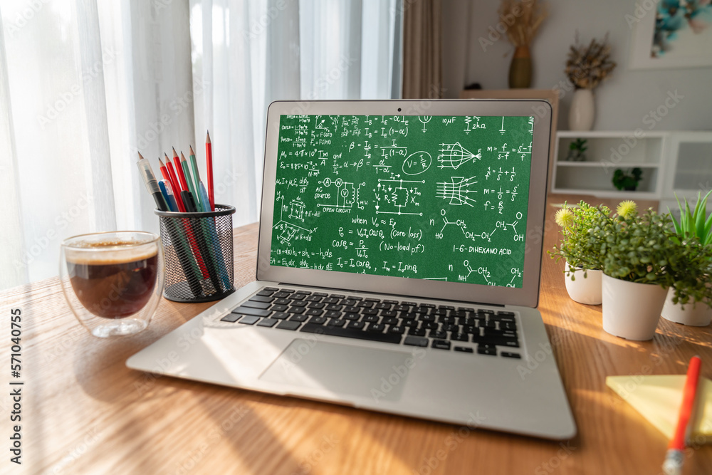 Mathematic equations and modish formula on computer screen showing concept of science and education