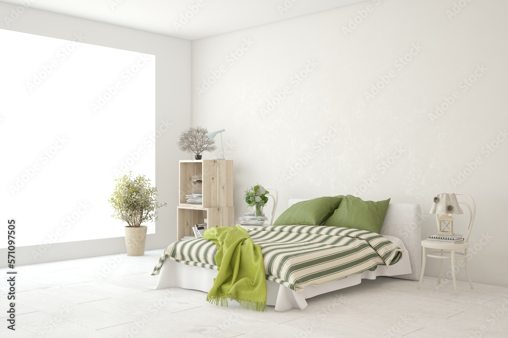 White bedroom interior. Scandinavian design. 3D illustration