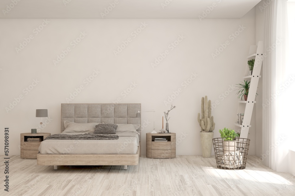 White bedroom interior. Scandinavian design. 3D illustration