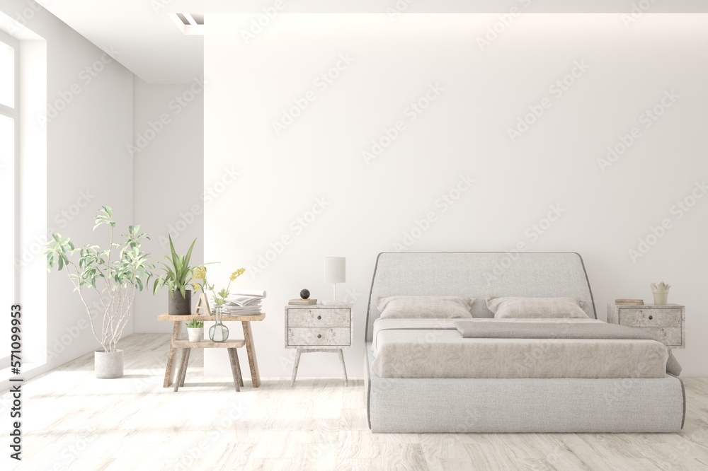 White bedroom interior. Scandinavian design. 3D illustration