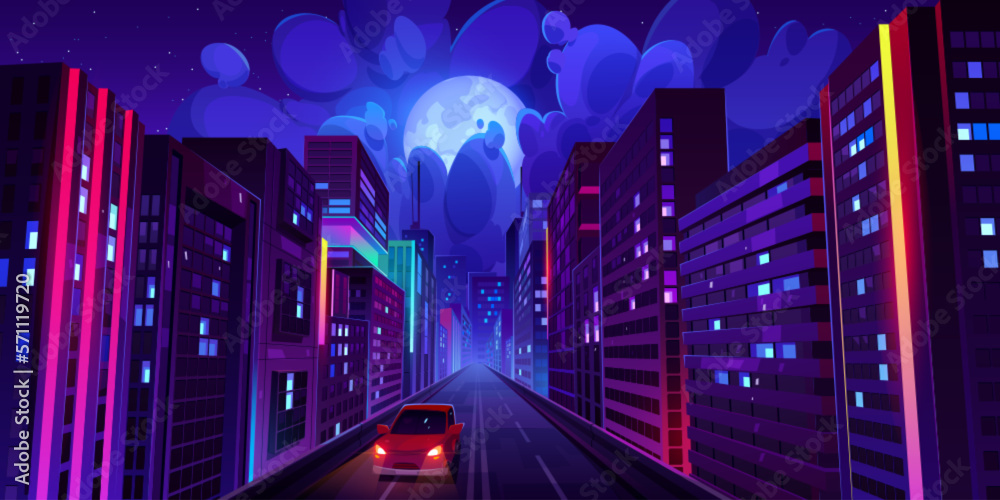 City with highway road and buildings with neon light at night. Futuristic cityscape with car on stre