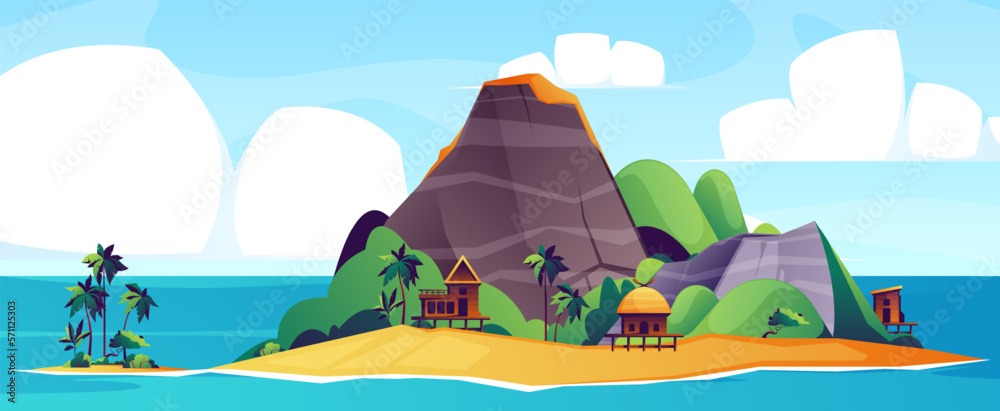 Tropical island background. Sea beach landscape with sand mountain palm trees, coastline panorama ca