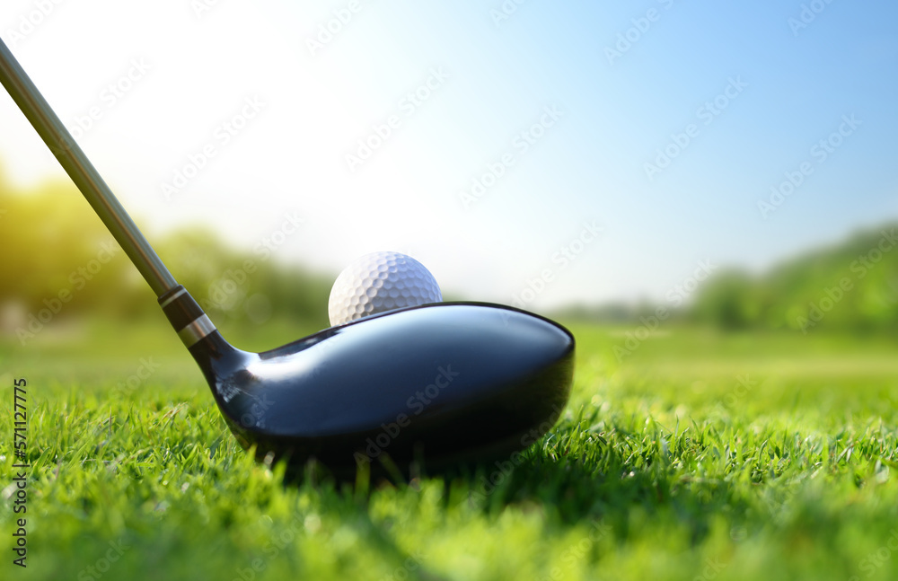 Back view of  golf ball on tee with golf drivers at golf course.