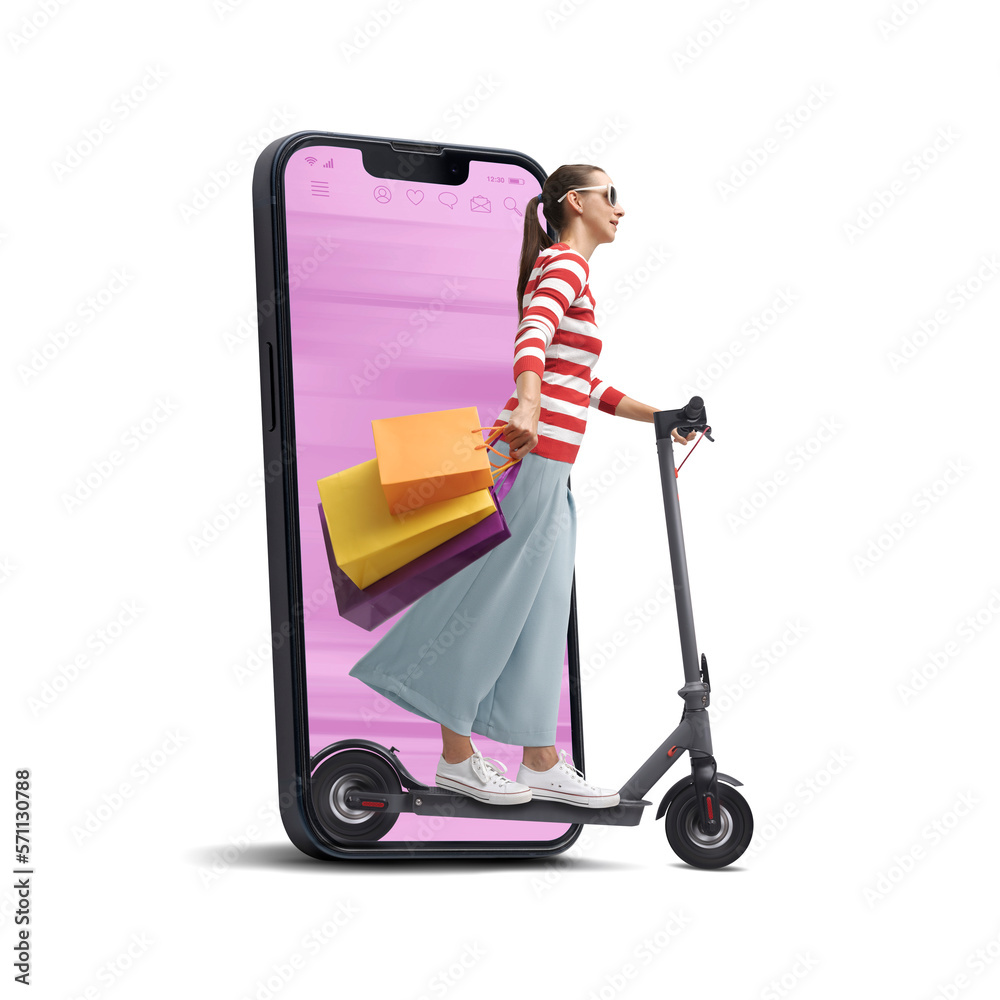 Woman doing online shopping and riding a scooter