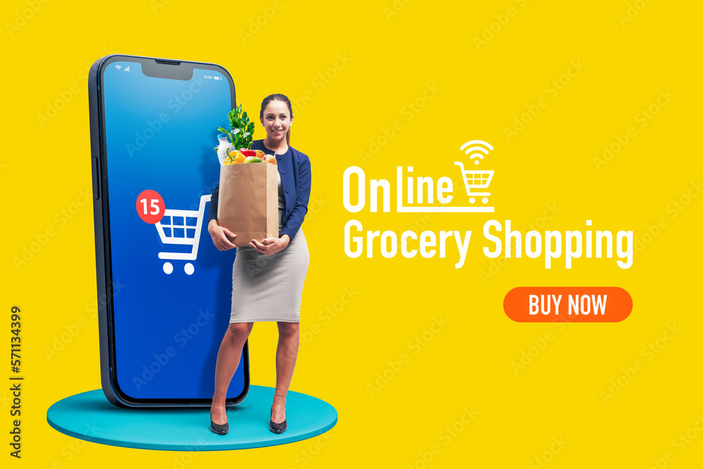 Woman doing grocery shopping online and smartphone