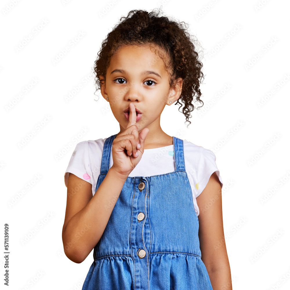 An innocent little girl standing with her finger on her lips. Happy and cute kid saying quiet, whisp