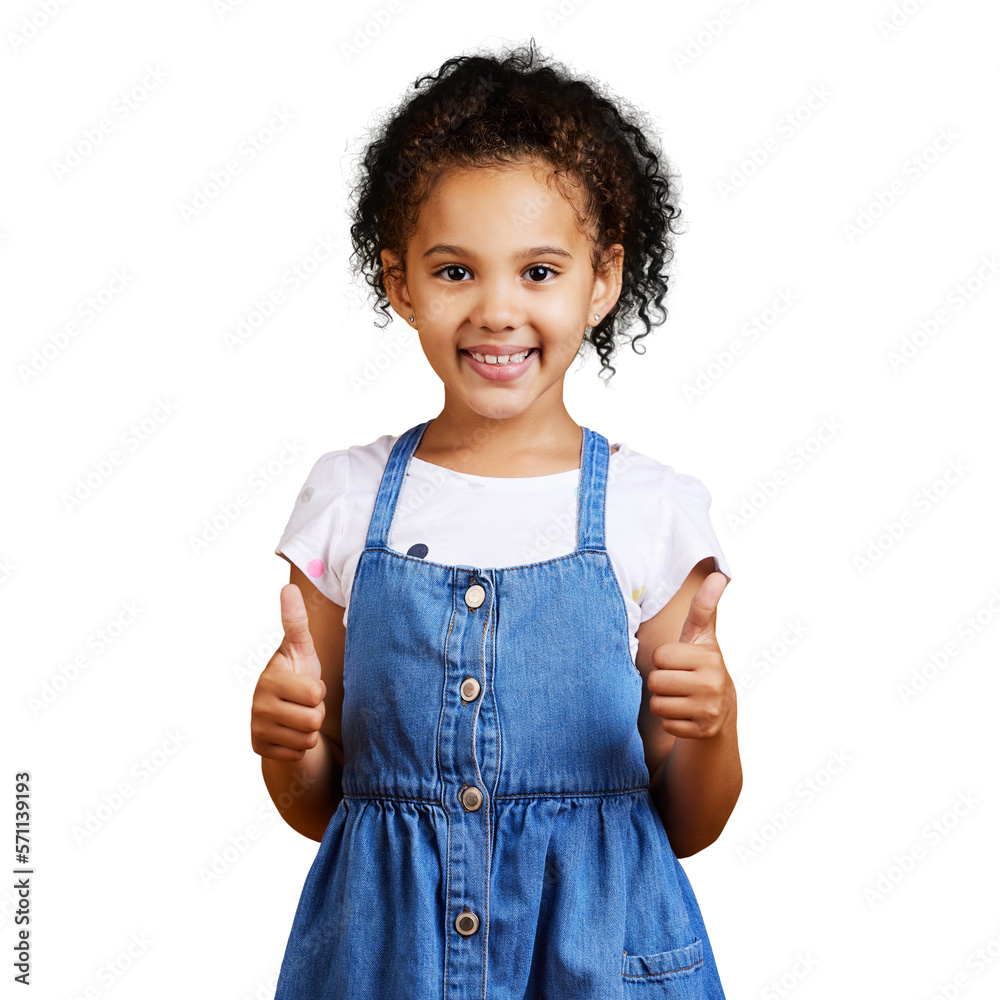 A mixed race girl giving thumbs up isolated on a png background. Cute hispanic child posing inside. 