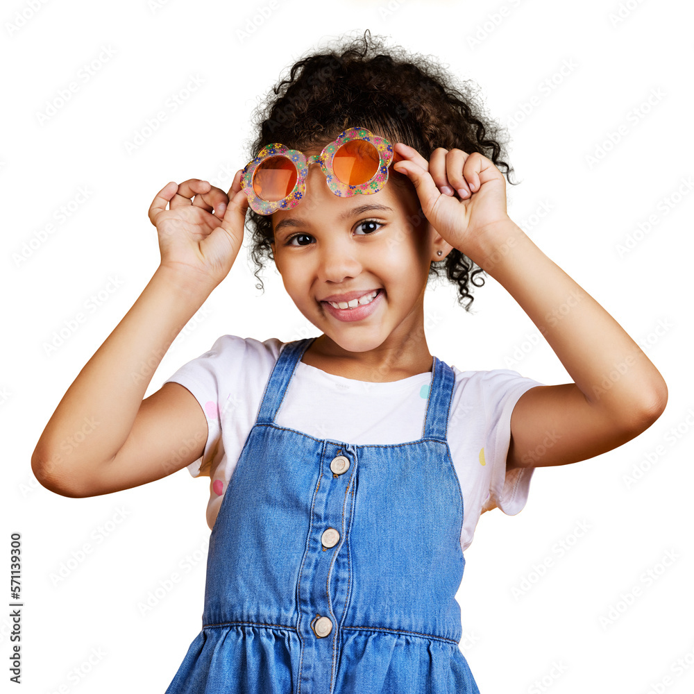 A mixed race girl wearing funky sunglasses with an imagination for being a fashion model isolated on