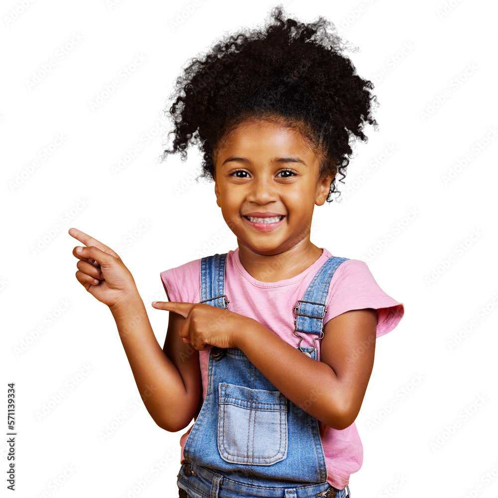 A afro american child girl or a mixed race girl pointing sideways towards copyspace or endorsing com